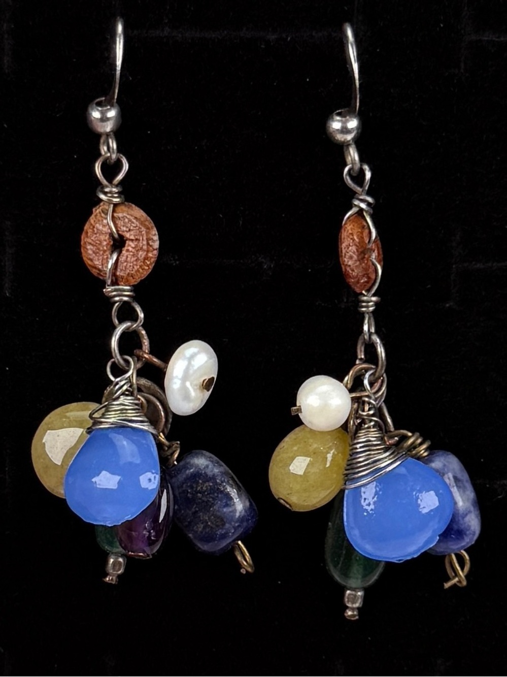 Vintage Silvertone Multicolor Beaded Drop Pierced Earrings